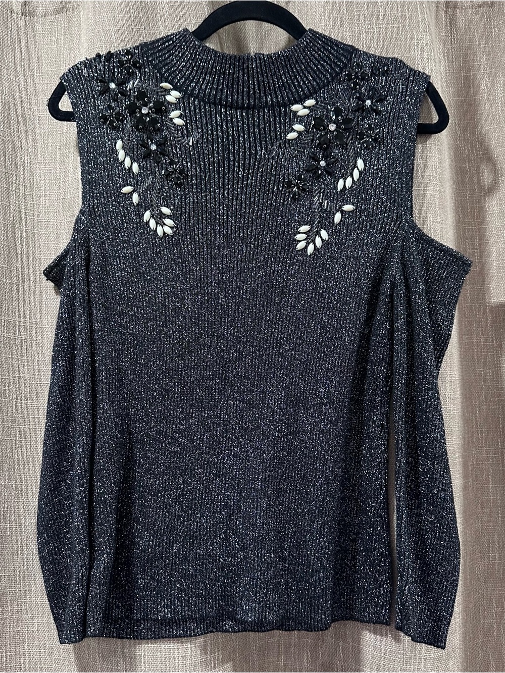 Lauren Michelle Metallic Embellished Cold Shoulder Sweater Size L